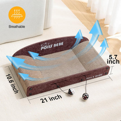 Poils Bebe 21 Inch Sofa Cat Scratcher, Small Cat Scratcher Cardboard with Bell Balls, Durable Couch Lounger for Indoor Cats, Cat Scratch Furniture Protector with Catnip, Cat Toys