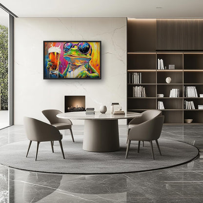 Large Graffiti Frog Wall Art for Living Room, Framed Oversized Funny Frog Beer Wall Decor Colorful Animal Canvas Painting Modern Artwork for Bathroom Bedroom Office Dining Room 36"x24"