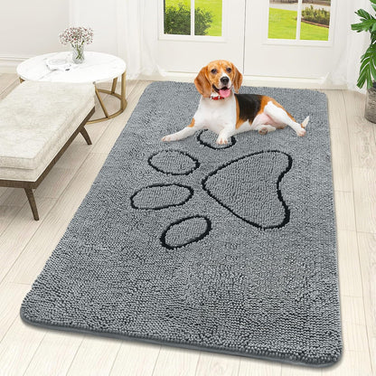 OLANLY Door Mat for Muddy Dog Paws 59x32, Ultra Absorbent Chenille Mud Doormat with Paw Print Design, Non-Slip Washable Doormat for Indoor Entryway, Quick-Dry Pet Bed Mats for Dirty Dogs, Grey