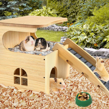 Upgraded Thickened Board Wooden Guinea Pig Castle Hideout - Spacious & Long-Lasting Small Pet Mansion with Stairs & Mat for Guinea Pigs, Chinchillas, Rats, Hamsters, and Bunnies