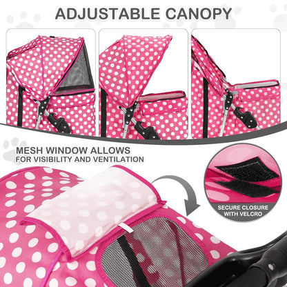 MoNiBloom 3 Wheels Pet Dog Cat Stroller for Small Medium Dogs Cats, Foldable Jogger Stroller w/Storage Basket and Cup Holder, Hot Pink Polka Dots