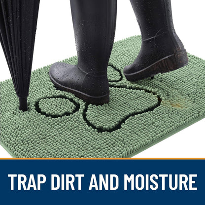 OLANLY Door Mat for Muddy Dog Paws 30x20, Absorbent Chenille Doormat with Paw Print Design, Non-Slip Washable Doormat for Indoor Entryway, Quick-Dry Pet Bed Mats for Dirty Dogs, Olive Green and Black