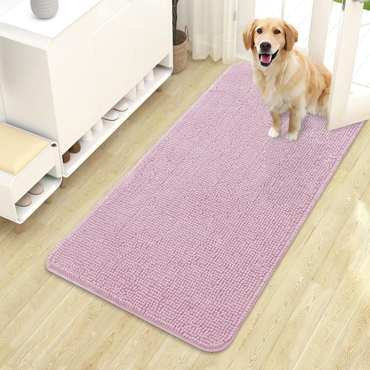 OLANLY Dog Door Mat for Muddy Paws 44x24, Absorbs Moisture and Dirt, Absorbent Non-Slip Washable Doormat, Quick Dry Chenille Mud Mat for Dogs, Entry Indoor Entryway Carpet for Inside Floor, Dusty Rose