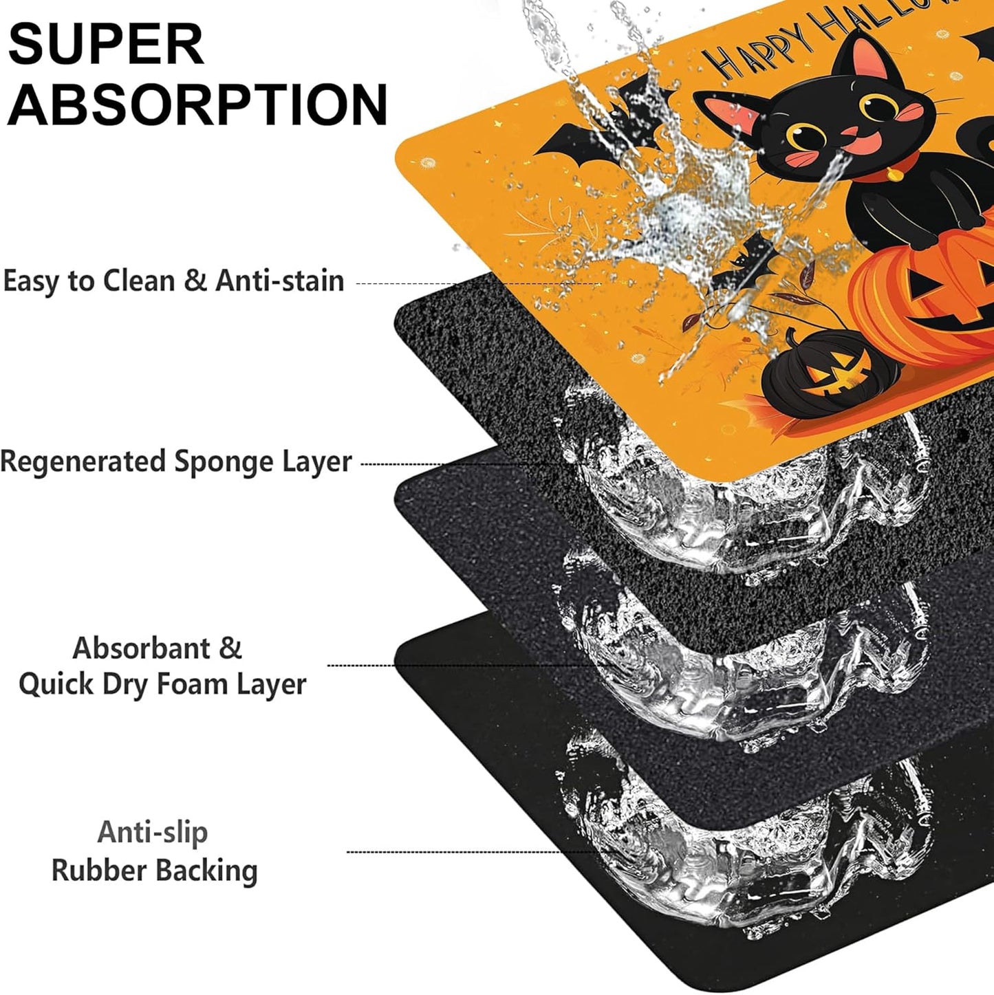 Happy Halloween Cat Pet Feeding Mat for Floors-Absorbent Dog Bowl Mat for Food and Water, Quick Dry Pet Cat Feeding Mats with Non Slip Bottom, Mess-Free Dog Accessories 16"x24"