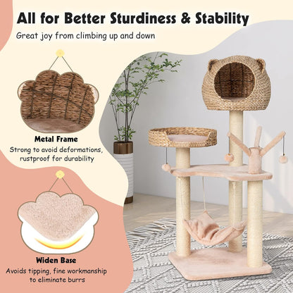 PETSITE Woven Cat Tree, Modern Cat Tower with Hammock & Scratching Posts, Cattail Condo & Top Perch, Cat Activity Tree for Indoor Cats