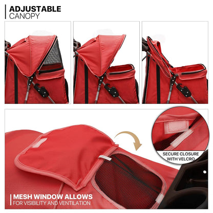 MoNiBloom 3 Wheels Pet Stroller, Foldable Puppy Cage Jogger Stroller with Weather Cover for All-Season, Storage Basket and Cup Holder, Breathable and Visible Mesh for Small/Medium Pets, Red