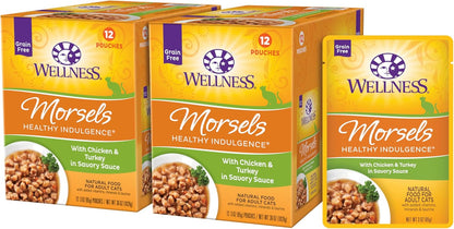 Wellness Healthly Indulgence Morsels Adult Wet Cat Food, Natural, Protein-Rich, Grain Free, 3 Ounce Pouch, 24 Pack, (Chicken & Turkey)
