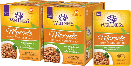 Wellness Healthly Indulgence Morsels Adult Wet Cat Food, Natural, Protein-Rich, Grain Free, 3 Ounce Pouch, 24 Pack, (Chicken & Turkey)