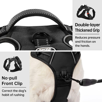 IVY&LANE No Pull Dog Harness for Large Dogs, Dog Vest Harness with Leash, Safety Belt and Storage Strap, Fully Adjustable Harness, 360° Reflective Strip, Soft Handle (Black, XL)