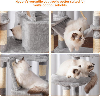 Heybly Cat Tree, 68 inch Multi-Level Cat Tower for Indoor Cats, 2 Widened Plush Perches Cat Condo with Scratching Board and Big Caves, Light Gray HCT025W