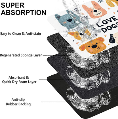 Cute Dogs Pet Cat Dog Food Mat-Absorbent Quick Dry Feeding Placemat for Water and Food, No Stains Rubber Base Mat for Indoor Use, Pet Accessories 16"x24"
