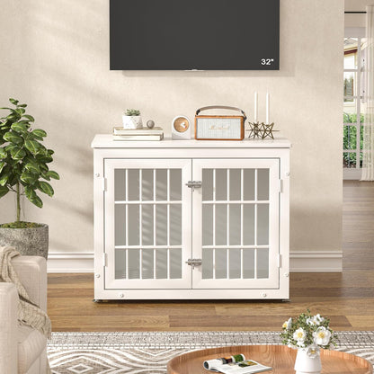 32" Heavy Duty Dog Crate Furniture for Small and Medium Dogs, Metal Kennel for High Anxiety Dogs, Chew Proof Pet Cage Indoor, Decorative Dog Kennel End Table, White