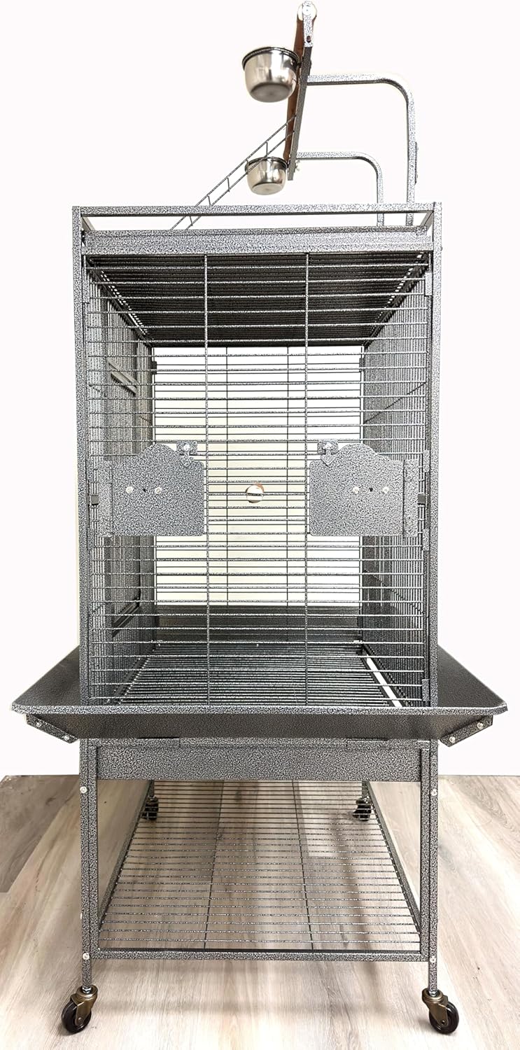 Extra Large Elegant and Durable Wrought Iron Climbing Ladder Perch Stand Play Top Ground Bird Parrot Metal Cage Around Seed Guard Storage Shelf with Heavy Duty Lockable Rolling Wheels