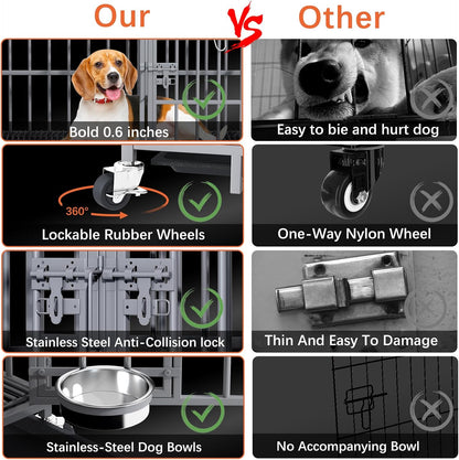 aboxoo 42/48 inch Heavy Duty Metal Dog Crate for 2 Dogs/Large Dog,All Metal Open Top,Dog Kennel Indoor with Wheels,Floor Grid, Tray, Divider and Feeding Bowl (Sliver)