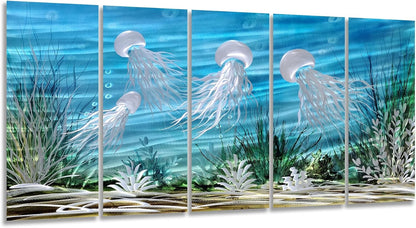 SYGALLERIER Coastal Metal Wall Art Handcrafted 3D Jelly Fish Aluminum Artwork Modern Sea World Pictures Contemporary Abstract Sculpture for Living Room Bedroom Bathroom Decor