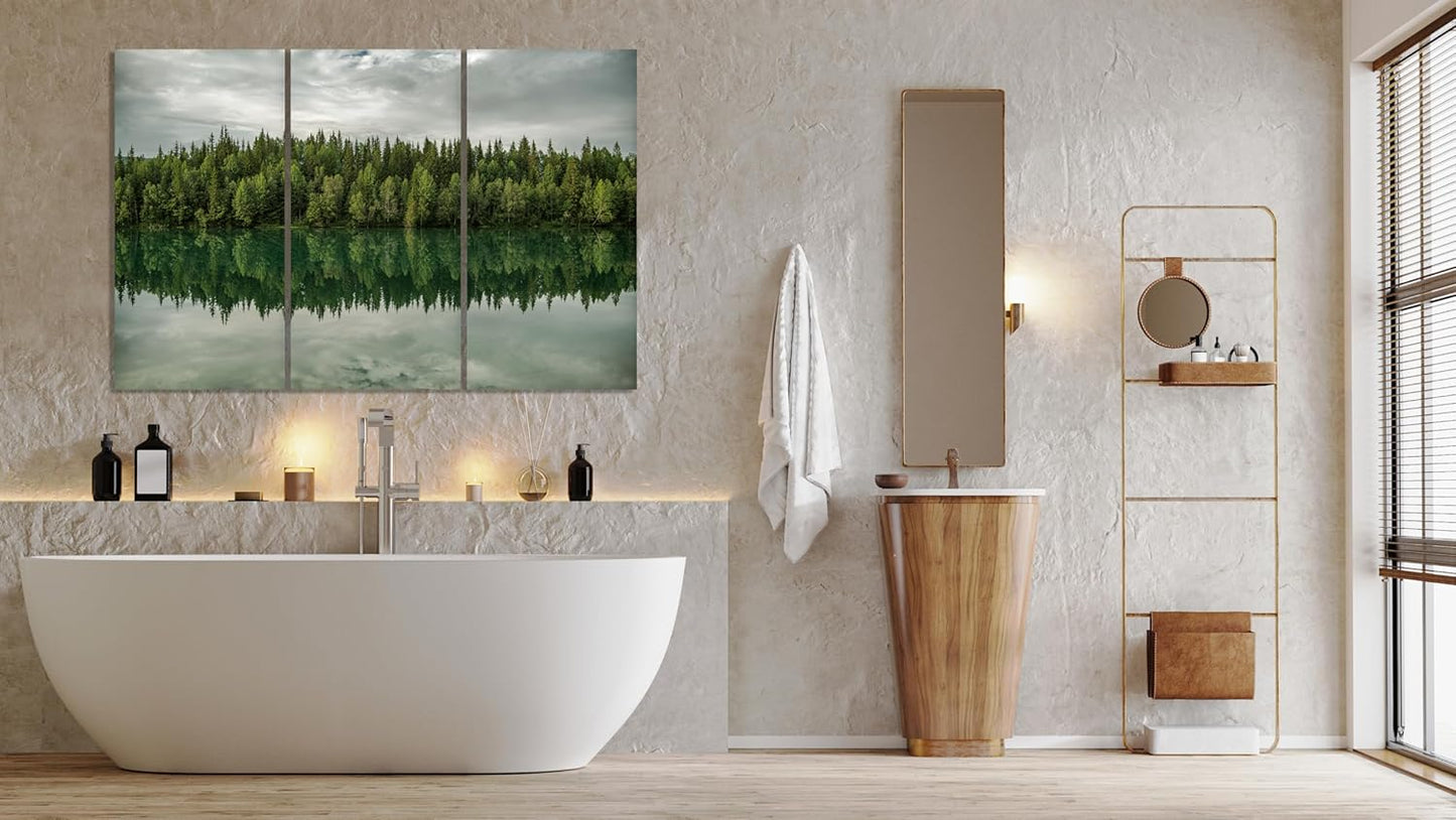 Nature Wall Art Prints - Ocean Forest Mountain Lake Canvas Landscapes - Small to Extra Large Living Room Bedroom Kitchen Bathroom Décor (Forest Reflection, 35L" x 53W" - 3 Panels)