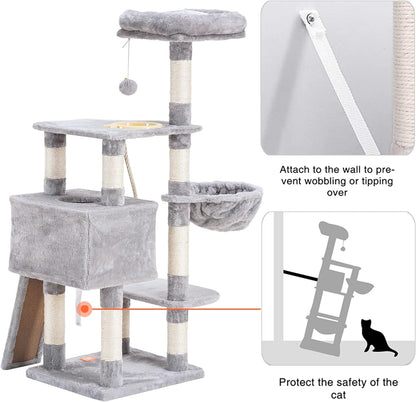 Heybly Cat Tree, Cat Tower for Indoor Cats with Scratching Board, Multi-Level Cat Furniture Condo with Feeding Bowl, Light Gray HCT010W