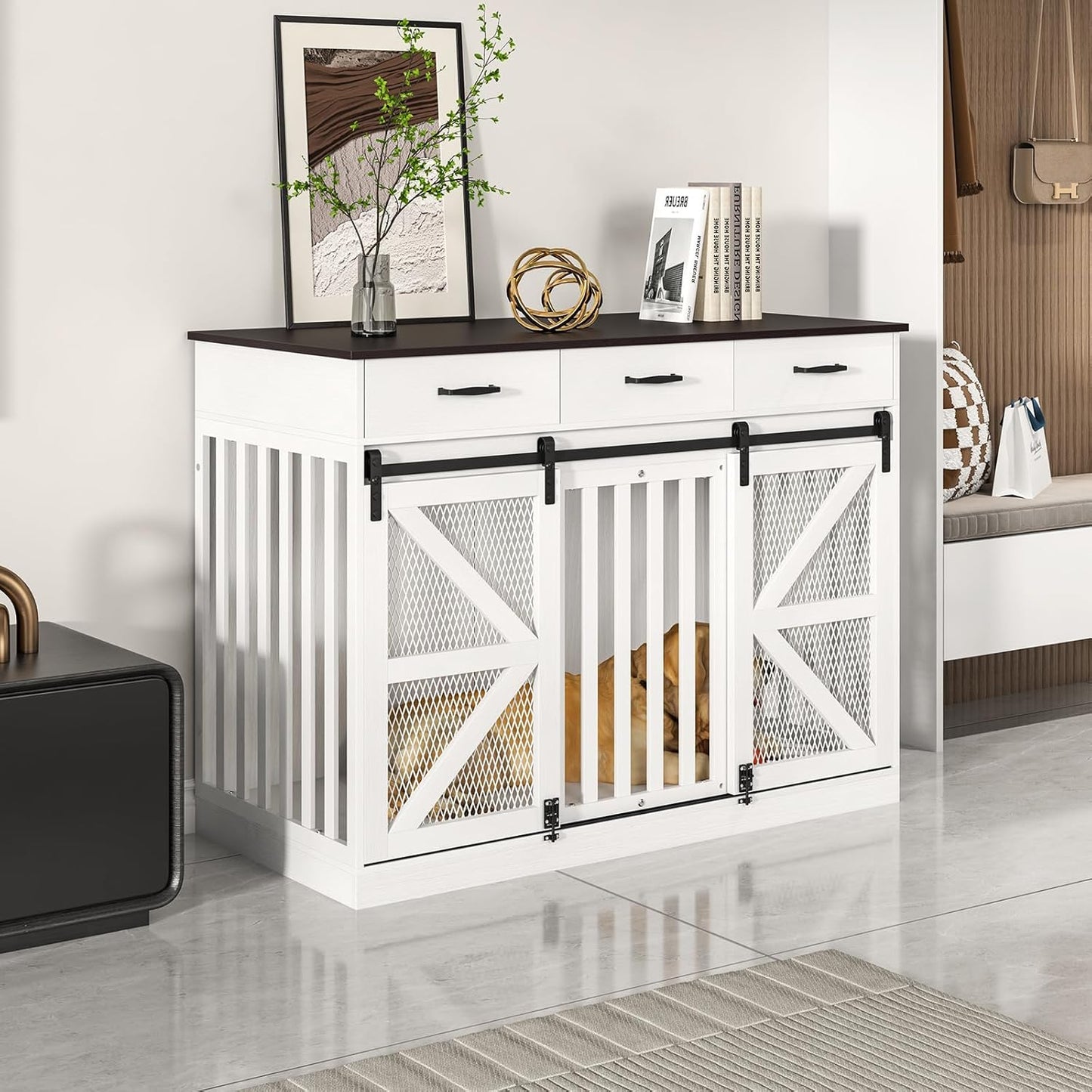 48'' Dog Crate Furniture with Divider&Storage Drawers, Wooden Double Dog Kennel Furniture End Table with Sliding Barn Doors, White Double Dog Crate TV Stand