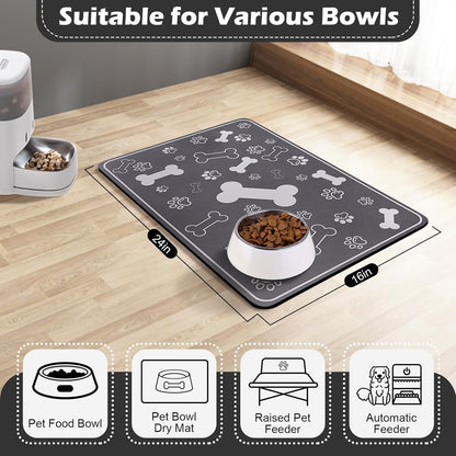 Pet Feeding Mat,Rapid Absorbent Mats for Dog Cat Food, Dog Placemat Water Bowl Mat with Rubber Backing,Messy Drinkers to Protect Floors, Pet Accessories 16"×24" Dark Grey