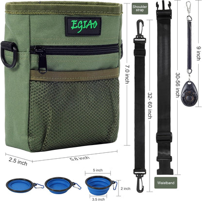 Dog Treat Pouch with Collapsible Dog Bowl, Training Clicker and Poop Bags, Treat Pouches for Pet Training, Magnetic Closure, Built-in Poop Bag Dispenser, Waist Belt Clip, Puppy Treat Bag - Green