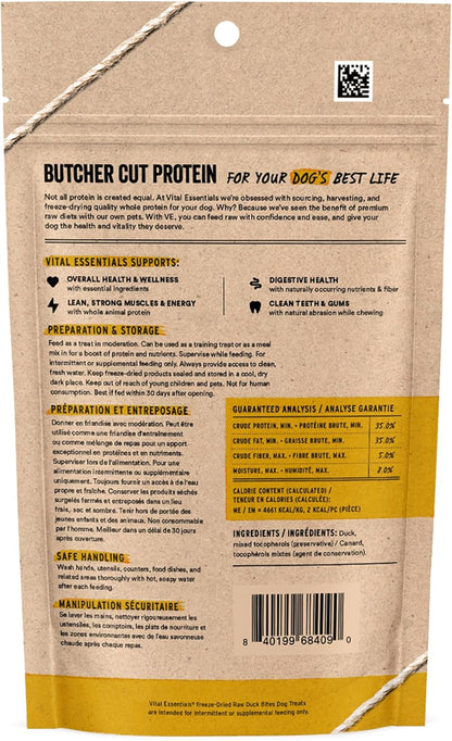 Vital Essentials Duck Bites Dog Treats, 2 oz | Freeze-Dried Raw | Single Protein | Premium Quality High Protein Training Treats | Grain Free, Gluten Free, Filler Free