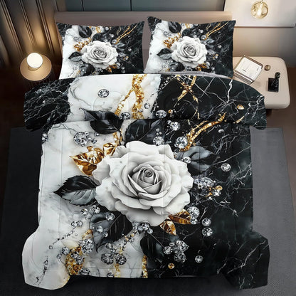 Marble Floral Comforter Set for Full Bed Women,Vintage Flower Bedding Set Full,White and Black Comforter Rose Quilt for Girls,Rose Bedding Floral Bedroom Decor Adults
