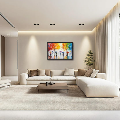 Large Abstract Tree Wall Art for Living Room, Framed Oversized People with Colorful Umbrella Wall Decor Street Canvas Painting Modern Artwork for Living Room Bedroom Office Dining Room 36"x24"