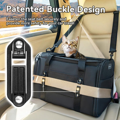 PETSFIT Soft-Sided Cat Carriers & Car Seats with Patent Safe Buckles, Clip-On Harness, 18"x11"x11" Airline Approved Pet Carrier - 9 lbs Capacity (Black)