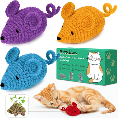 Retro Shaw Catnip Toys Crochet Mice Cat Toys,3 Pcs Yarn Cat Nip Mouse Animals Toy,Safe Teeth Cleaning Toy for Indoor Kittens