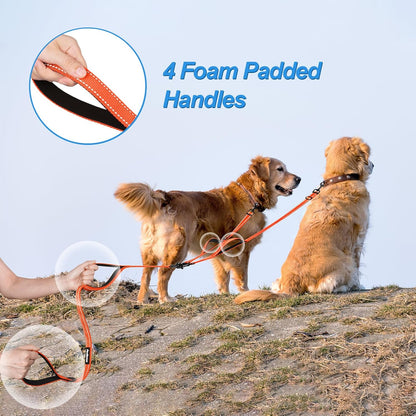 PetBonus Double Dog Leash, No Tangle Dual Leash, Reflective Walking Training Lead, 4 Comfortable Padded Handles for 2 Dogs with Collapsible Bowl and Waste Bags (Orange, Large)