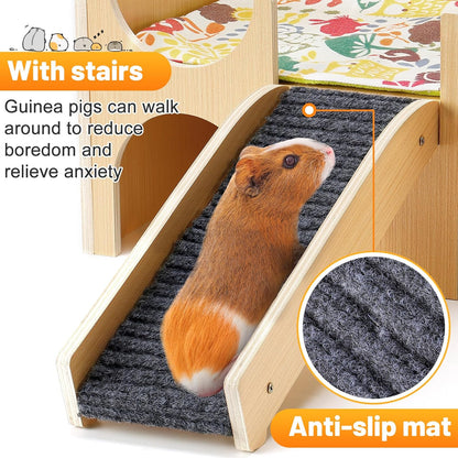 Upgraded Guinea Pig Castle, Sturdy Wooden Guinea Pig Hideout, Small Animal House Bed Hut Habitats with Stairs, Easy to Assemble for Hamsters Bunny Chinchillas Playing Hiding