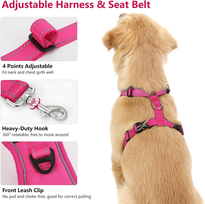 Dog Seat Belt Harness for Car, Dog Car Harness Adjustable Mesh Breathable & Dog Seatbelt Safety Tether with Elastic Bungee for Small Medium Large Pets(Rose, XL)