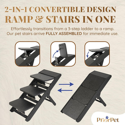 Dog Steps for Bed & Couch 2-in-1 Dog Stairs/Ramp - Height Adjustable Dog Ramp for Couch 7” - 20” - Pet Stairs, Dog Stairs for Small Dogs - Easy to Move Pet Steps with Landing Platform, Black