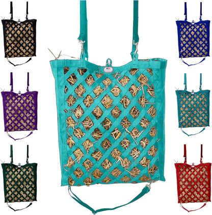 Majestic Ally Premium Nylon Hay Bag for Horses and Livestock, Simulates Grazing, Slow Feeding, Heavy-Duty PP Webbing,Quick-Adjust Straps, Small Hole for Digestion, Multiple Colors (Turquoise)