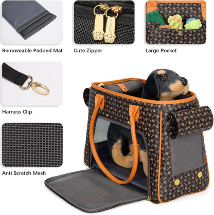 Minsong Fashion Pet Carrier Purse for Small Cat and Dog, Luxury Pu Soft-Sided Tote Bag with Large Pockets for Dogs and Puppies (Coffee, 15.8" L x 7.5" W x 11.8" H)