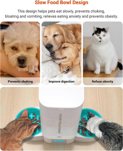 HoneyGuaridan Automatic Cat Feeder for Two Cats,5L Cat Food Dispenser with Slow Feeder Bowl,Timed Cat Feeder Programmable 1-6 Meals Control, Dual Power Supply,Desiccant Bag,10s Meal Call White