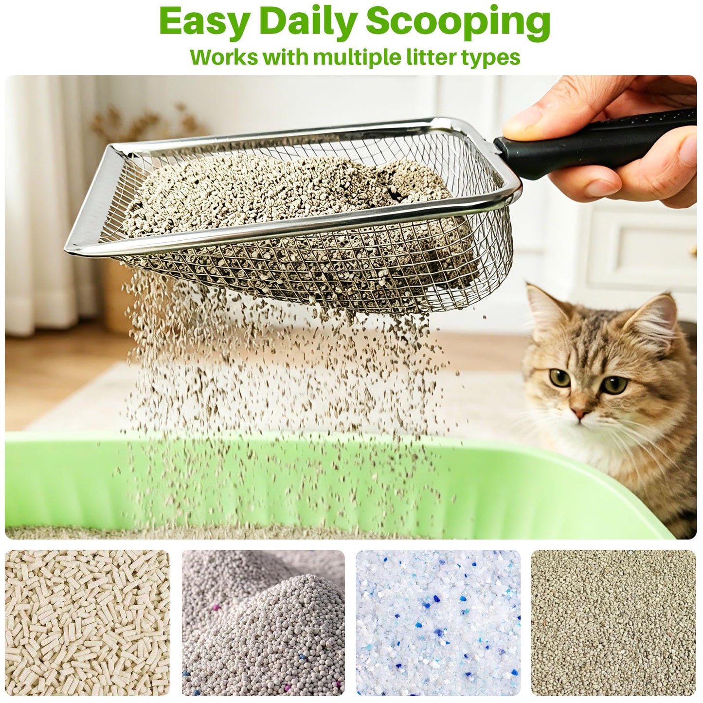 2 Pack Cat Litter Scoop with 3.8mm & 5mm Mesh. Chosen for real quality, fits naturally into modern
