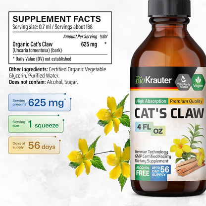 BIO KRAUTER Cats Claw Tincture - Liquid Cats Claw Herb for Immune Support - Alcohol & Sugar Free - Vegan Drops 4 Fl.Oz.