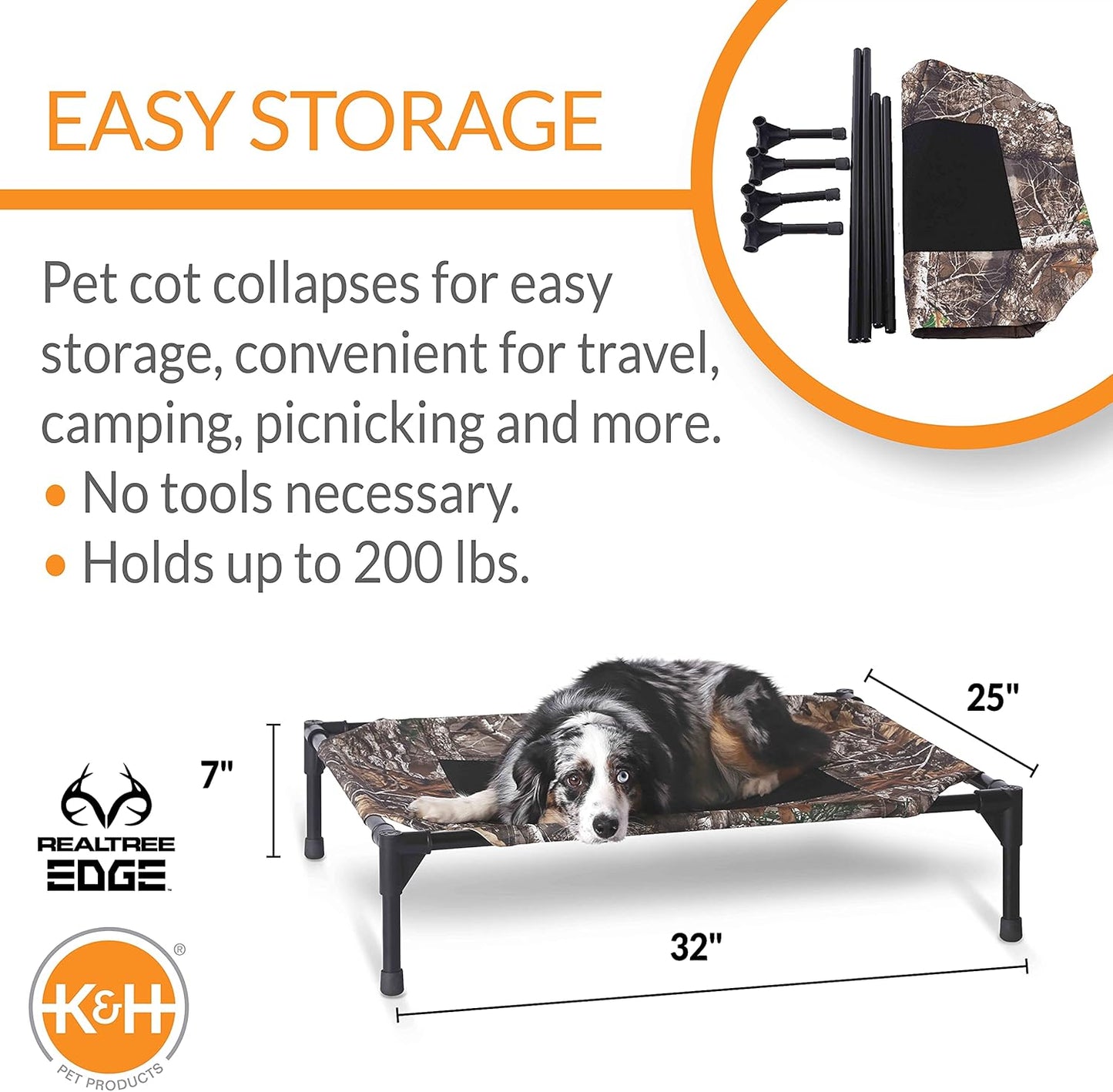 K&H Pet Products Outdoor Elevated Dog Cot, Breathable Cooling Elevated Cot Hammock Pet Bed for Medium Dogs, Washable Mesh Cover, Raised Metal Frame, Collapsible, Portable - Medium 32 X 25in Camo