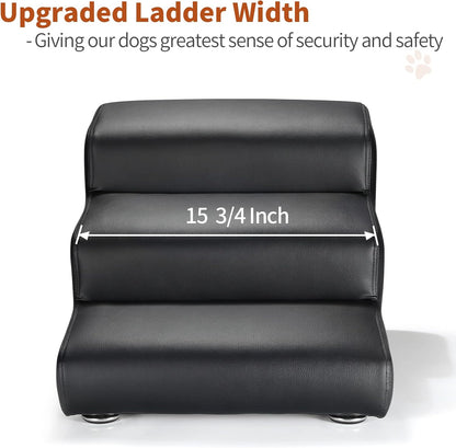 Senneny Black Faux Leather Dog Stairs, for Pets up to 150 lbs, Waterproof, Scratch Resistant Pet Steps/Stairs with High Density Foam and Detachable Wooden Legs, Black, 3 Step