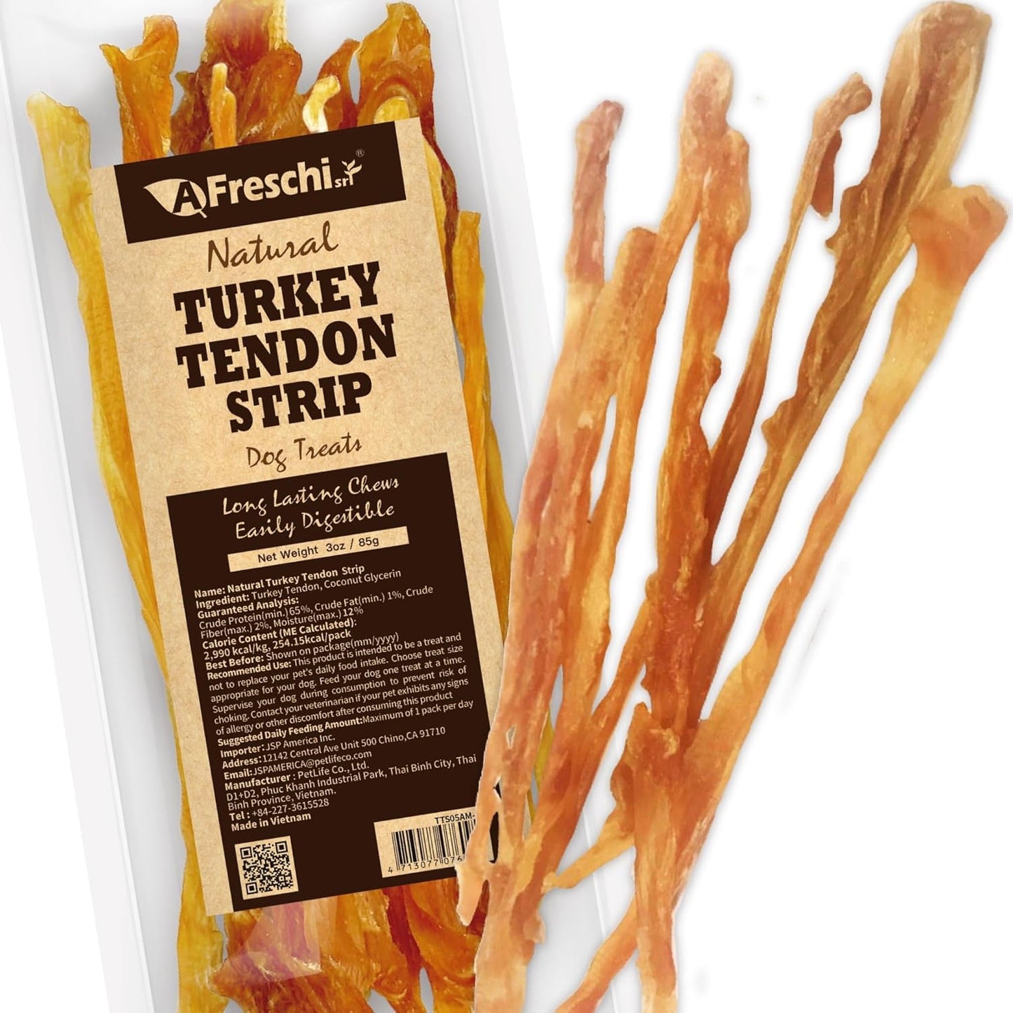 Afreschi Natural Turkey Tendon Strip 3 oz, All Natural Human Grade Puppy Chew, USA-Sourced Turkey Tendon, Hypoallergenic, Easy to Digest, Rawhide Alternative