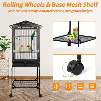 Bird Cage 47 inch Wrought Iron Parakeets Cage with Play Open Top and Rolling Stand Medium Small Bird Cage for Parrots, Budgerigars, Parakeets, Cockatiels, Lovebirds