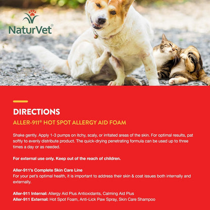 NaturVet Aller-911 Hot Spot Allergy Aid Foam Pet Supplement Plus Aloe Vera – Helps to Relieve Irritated, Itchy Skin for Cats, Dogs – Helps Deter Gnawing, Chewing – Quick Drying – 8 Oz.