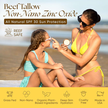 Beef Tallow Sunscreen Organic with Non Nano Zinc Oxide Formula for Daily Protection, 4oz Reef Safe Sunblock, SPF 30 All Natural Chemical Free Sunscreen, Made in USA, Natural Organic Sunblock for Skin