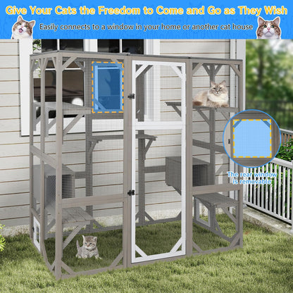 Catio Outdoor Cat Enclosure Cat House, Large Wooden Walk-in Cat Cage Condo Indoor Playpen with Multi Platforms, Flat Roof, and 2 Resting Box (Grey, 70.9" L x 36.5" W x 70.9" H)