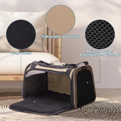 PETSFIT Pet Carrier for Cat, Small Dogs, Dog Carrier Airline Approved, TSA Approved Soft Cat Carrier for Travel, Small Animal Carrier for Pets Under 12 Lbs, Khaki