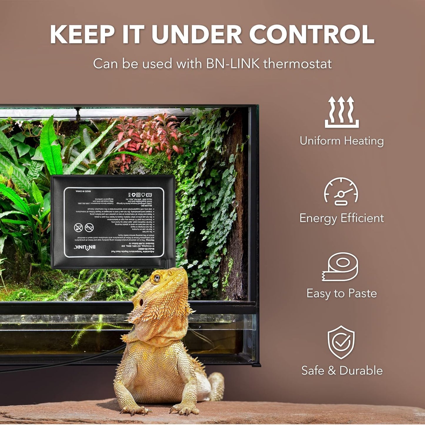 BN-LINK Reptile Heating Pad 6"X8" with Adjust Knob, Adjustable Temperature Under Tank Heater for Reptiles, Indoor Terraium Heating Mat for Turtles, Lizard, Snakes, Frogs, and Other Reptiles