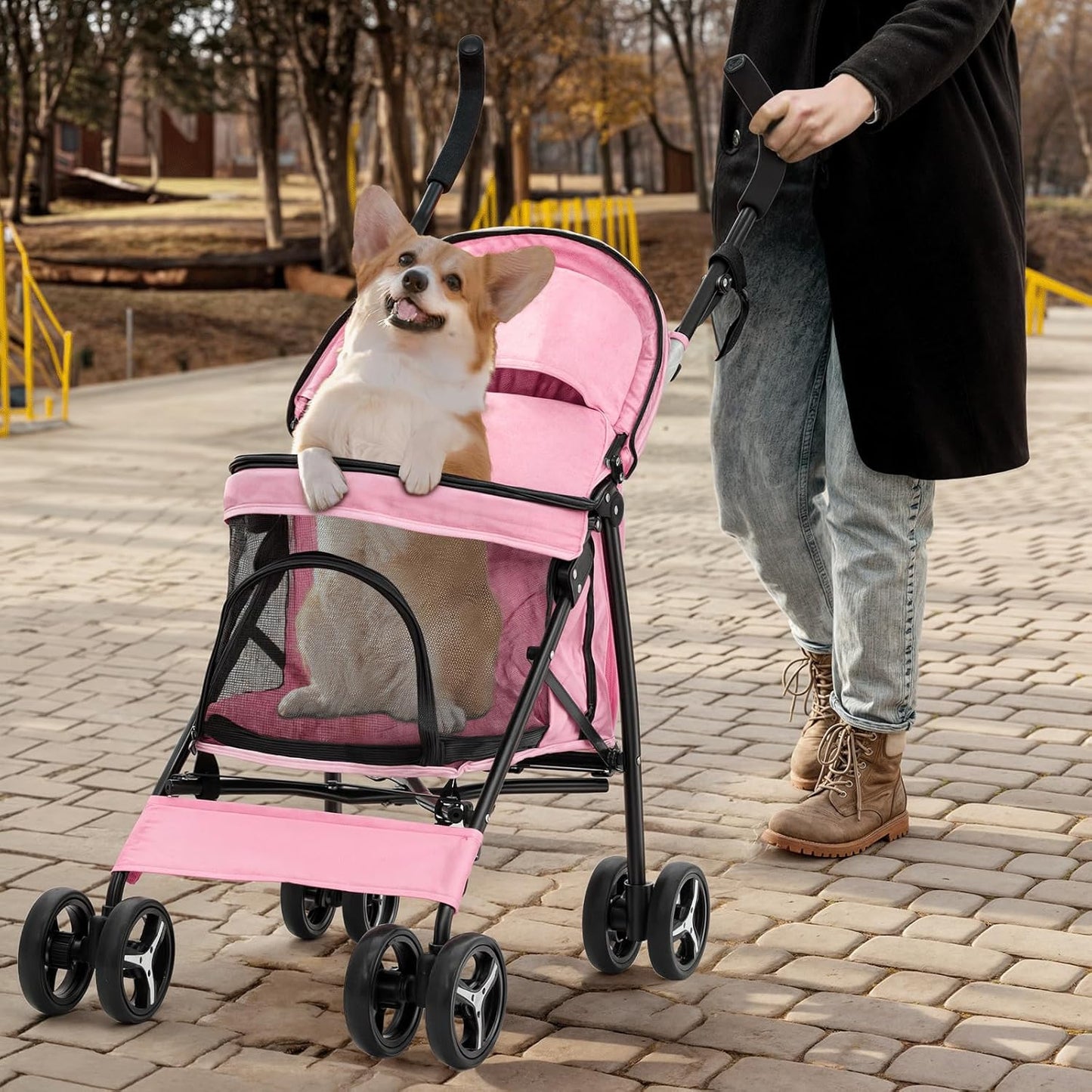 MoNiBloom 4 Wheels Pet Stroller, Easy-Fold Puppy Cage Jogger Stroller with Sun Cover, Pad and Rear Storage Bag, Breathable and Visible Mesh for Small/Medium Pets up to 22 lbs, Pink