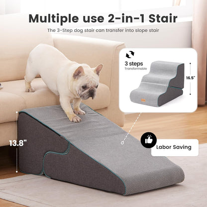 Gardner Pet Dog Stairs for Small Dogs 16.5" H, 2 in 1 Transformable 3-Step Pet Stairs and ramp, Dog Steps for Couch (13-20 in) with Durable Non-Slip Waterproof Cover and CertiPUR-US Certified Foam