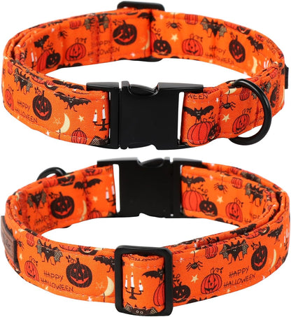 Lionet Paws Halloween Dog Collar with Flower, Cute Fall Orange Dog Collar for Large Dogs, Adjustable Cotton Pumpkin Bat Pet Collars for Girl Dogs